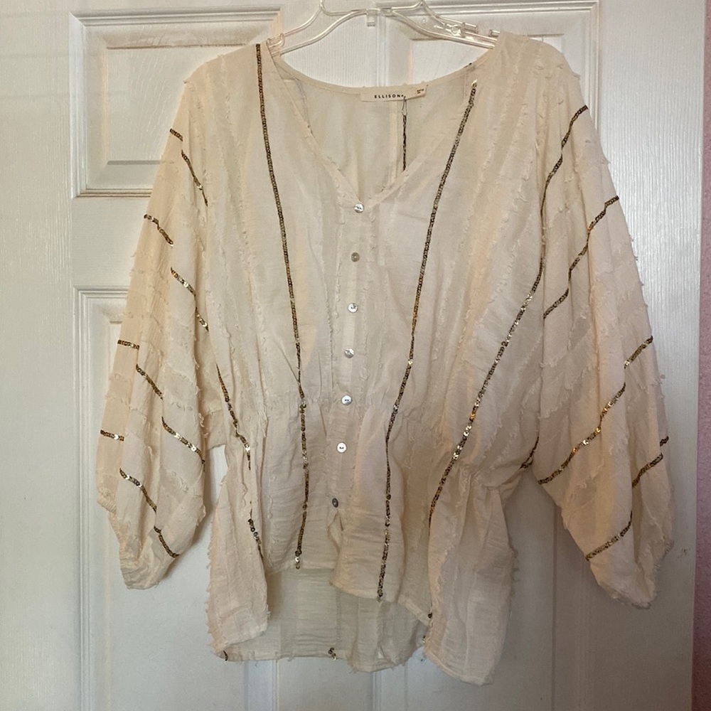 BRAND NEW / NEVER WORN - Cream Blouse with Gold and Black Speckled Sequins